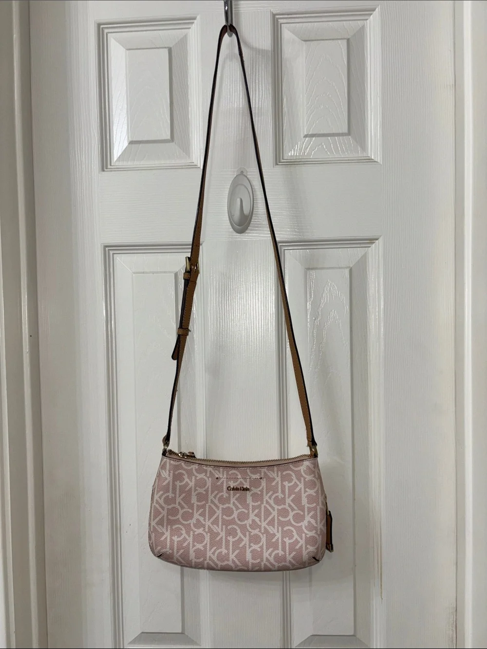 Calvin Klein Pink Logo Monogram Crossbody with Tan Strap